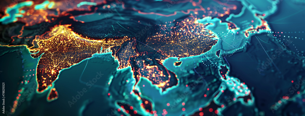 Digital map of Asia, world map overlays a dark, intricate circuit board, symbolizing global connectivity and technology, Communications network map of the world, global network, Ai Digital map of Asia, world map overlays a dark, intricate circuit board, symbolizing global connectivity and technology, Communications network map of the world, global network, Ai