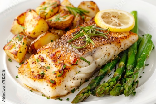 A mouth-watering plate of grilled cod fillet, garnished with a lemon slice, accompanied by roasted potatoes 
