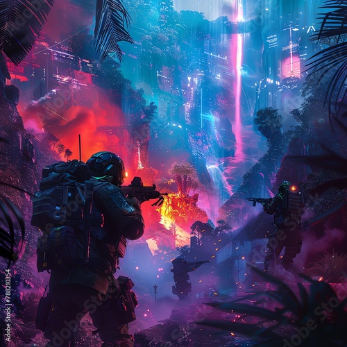 A dramatic image of a human and a cyborg reconnaissance team conducting a dangerous mission behind enemy lines in a neon-lit jungle warzone, with explosions and gunfire in the distance photo