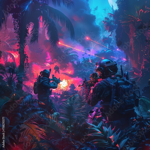 A dramatic image of a human and a cyborg reconnaissance team conducting a dangerous mission behind enemy lines in a neon-lit jungle warzone, with explosions and gunfire in the distance