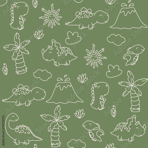 Wallpaper Mural Cute dinosaurs and tropic plants. Funny cartoon dino seamless pattern. Hand drawn vector doodle design for kids. Hand drawn children's pattern for fashion clothes, shirt, fabric. Funny cartoon dino Torontodigital.ca