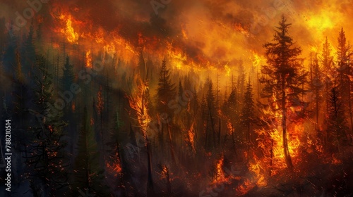 Forested hillside ablaze, powerful wildfire consuming pine trees, symbolizing the vulnerability of forests to climate-induced disasters