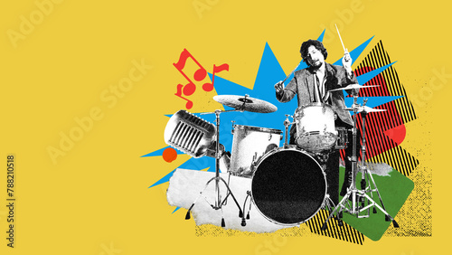 Monochrome image of artistic man, musician playing guitar on yellow abstract background. Contemporary art collage. Concept of music, festival, performance, creativity. Colorful design