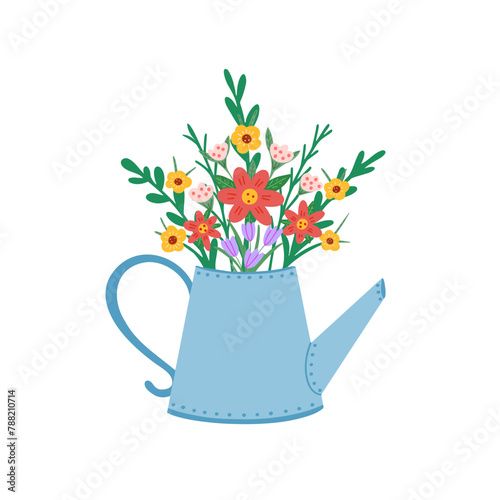 Blooming flower and watering can. Vector Illustration for printing  backgrounds  covers and packaging. Image can be used for cards  posters  stickers and textile. Isolated on white background.