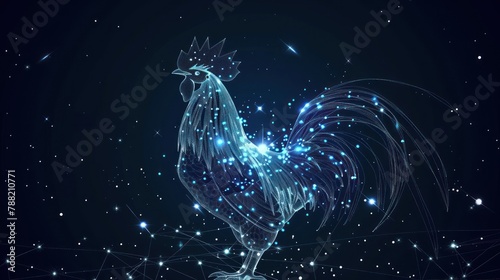 Abstract image of a new year rooster in the form of a starry sky or space, consisting of points, lines, and shapes in the form of planets, stars and the universe. AI generated