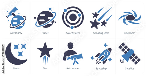 A set of 10 astronomy icons as astronomy, planet, solar system