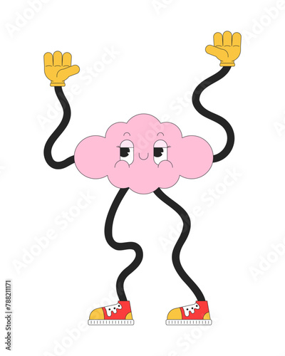 Groovy cloud with wavy arms and legs 2D linear cartoon character. Weather mascot dancing isolated line vector personage white background. Trendy retro shape smiling color flat spot illustration