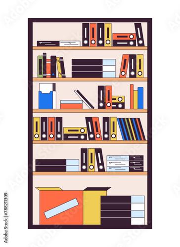 Bookcase filled with folders and boxes 2D linear cartoon object. Office shelving unite with supplies isolated line vector element white background. Interior design color flat spot illustration