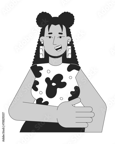 Smiling latin american woman black and white 2D line cartoon character. Cheerful female holding elbow isolated vector outline person. Positive emotion expression monochromatic flat spot illustration