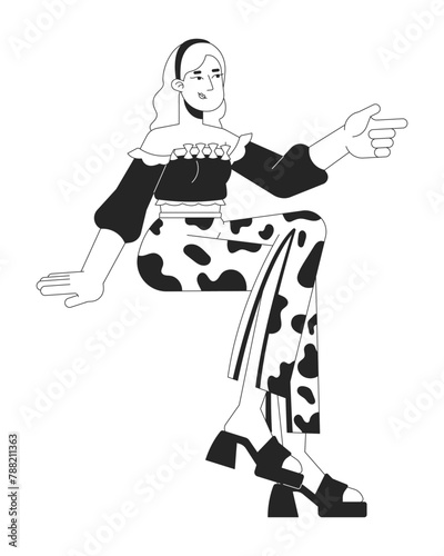 Blonde woman pointing aside black and white 2D line cartoon character. Pretty female showing right direction isolated vector outline person. Flirting by gesture monochromatic flat spot illustration