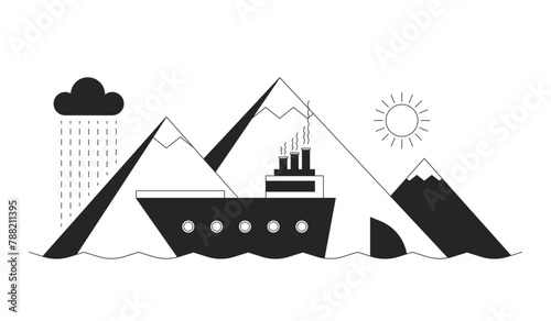 Vessel sailing past mountains black and white 2D line cartoon object. Travelling by water. Tourist ship on cruise isolated vector outline items. Sea vacation monochromatic flat spot illustration