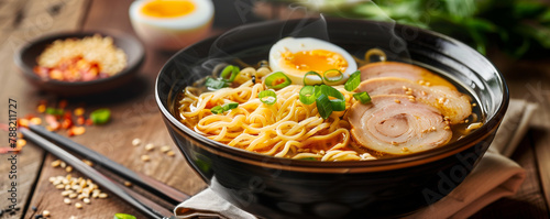 A steaming bowl of ramen noodles served in a savory broth with slices of tender chashu pork soft-boiled egg and fresh scallions.