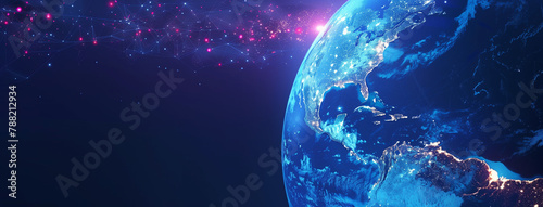 Blue planet earth in space, Digital world globe centered on North America, concept of North America global network and connectivity, data transfer and cyber technology, Ai photo