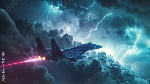 A fighter jet fearlessly navigates through a storm-filled sky, braving turbulent winds and lightning strikes, Fighter plane soaring above the lightning storm photo