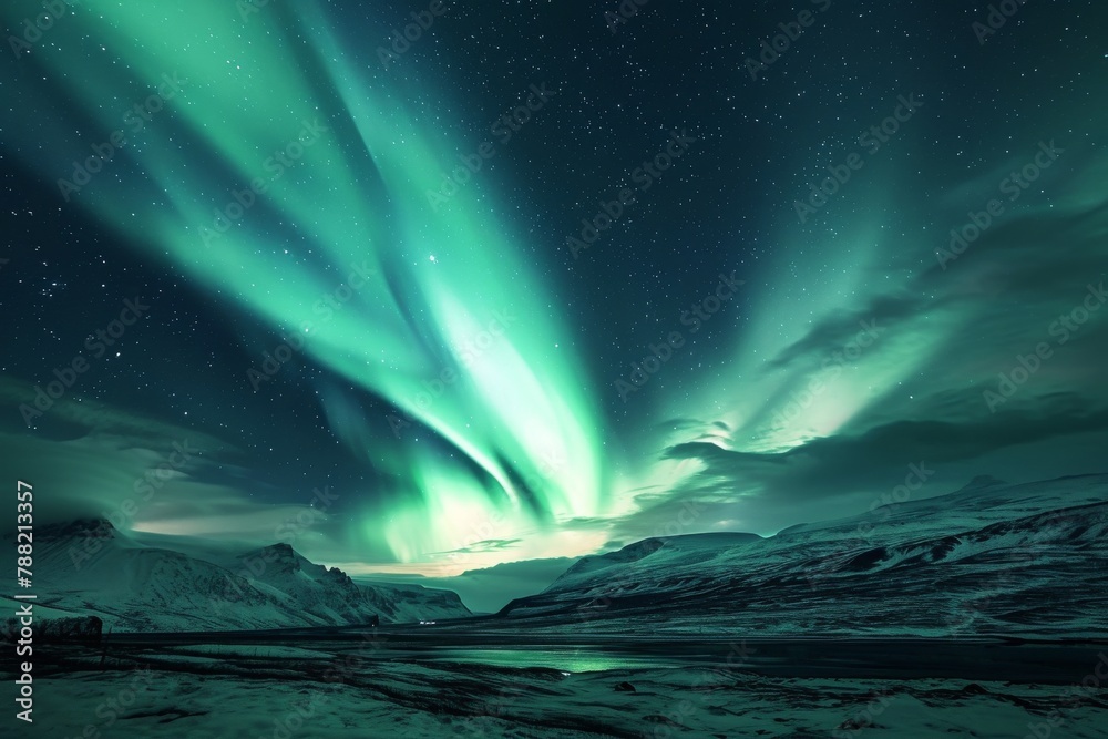 A mesmerizing display of a green and blue aurora shining brightly in the night sky, Beautiful northern lights phenomenon in a star-filled night, AI Generated