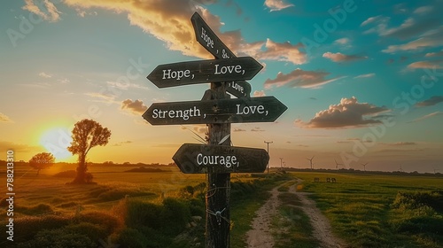 Drone View of Crossroads Signpost Featuring Hope, Strength, Love, Courage. photo