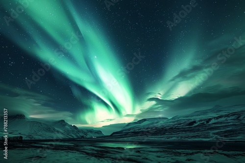 A mesmerizing display of a green and blue aurora shining brightly in the night sky, Beautiful northern lights phenomenon in a star-filled night, AI Generated photo