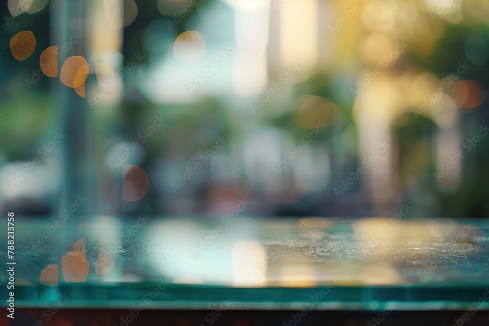 Blurred view of a glass table with a city street in the background.