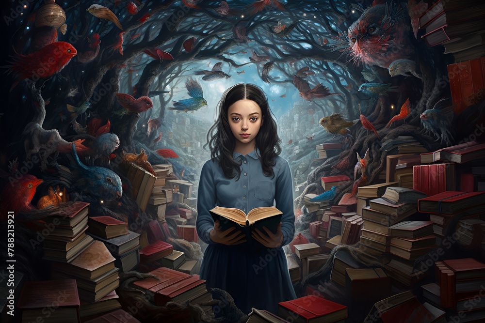 Surreal illustration of a young girl reading among towering stacks of books with fantastical creatures and a mystical forest backdrop, fantasy style - obrazy, fototapety, plakaty 