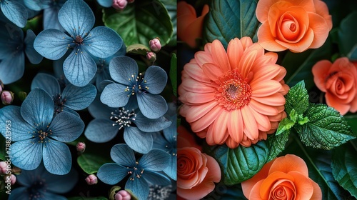 Two different types of flowers are shown side by side, one blue and one orange
