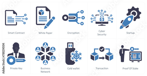A set of 10 blockchain icons as smart contract, white paper, encryption