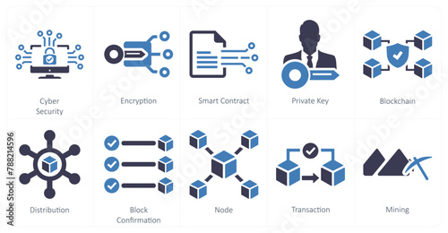 A set of 10 blockchain icons as cyber security, encryption, smart contract