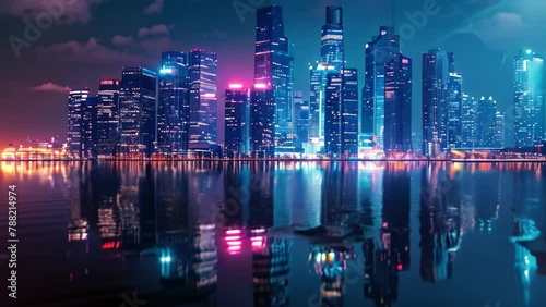 Wallpaper Mural A photograph capturing the vibrant lights of a city at night reflected in the calm waters, Futuristic cityscape reflected in the calm water Torontodigital.ca