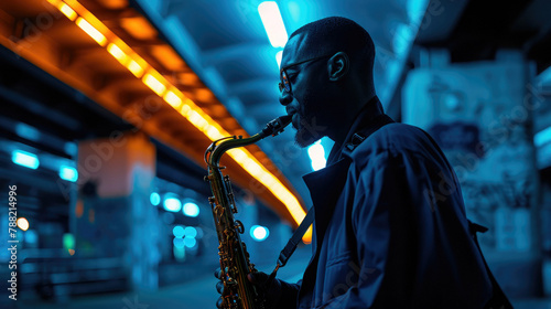Saxophone playing with a New York City subway background