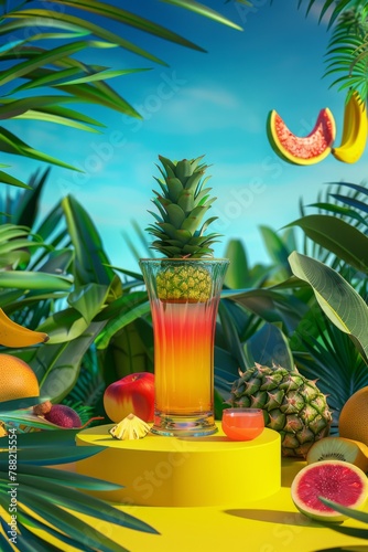 Fresh juice in a glass cup and assorted fruits with a delicious and healthy drink