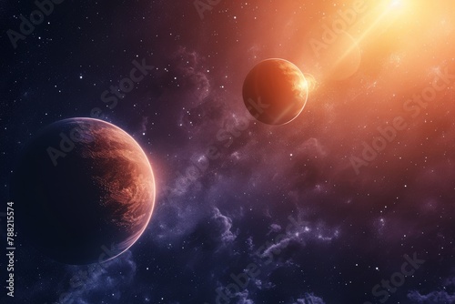 Artists Rendering of Two Planets in Space  Binary concept represented by an image of a binary solar system  AI Generated