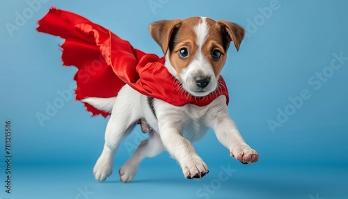 Superhero puppy in action flying in blue space, isolated on background cute dog