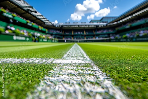 Close up of manicured grass tennis court before tournament, freshly cut green grass ready for play