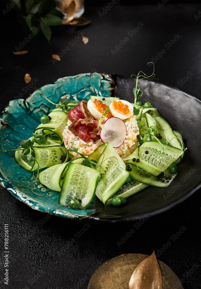 Elegant Gourmet Olivier Salad with Roast Beef and Fresh Cucumber on Sophisticated Dishware