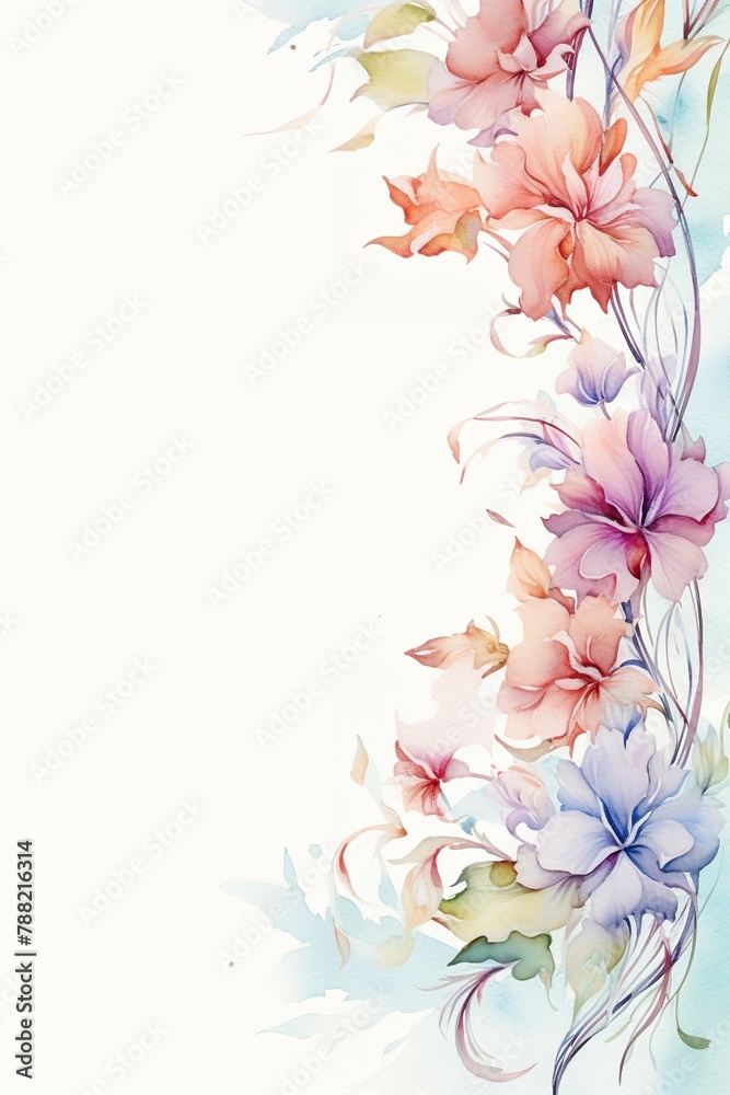Elegant floral frame in pastel watercolors, high detail closeup ,  high resolution