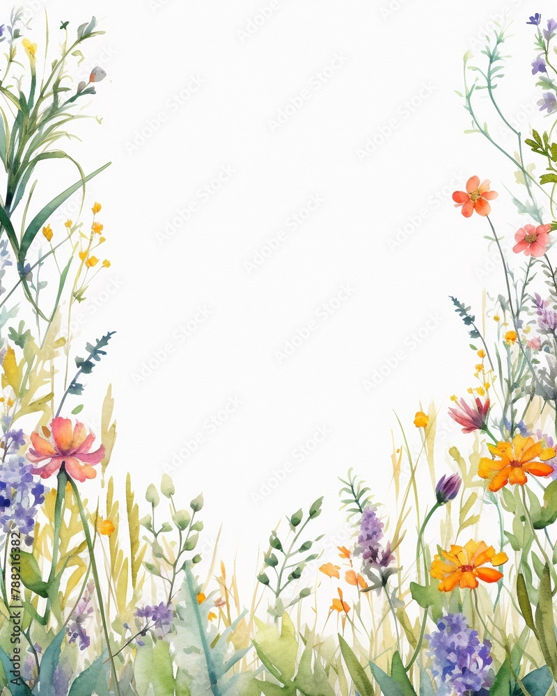Meadow flowers frame in watercolor, botanical background, natural light ,  high resolution