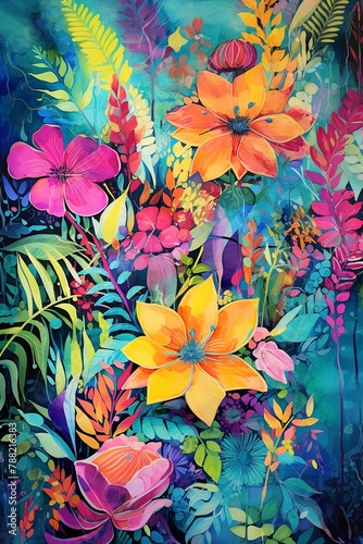 Lush abstract garden  vivid colors  mixed patterns  artistic vibrance 