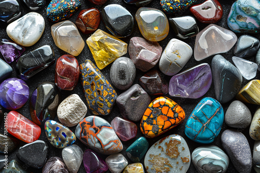 A pile of shiny rocks of various colors and types. A pile of shiny rocks of various colors and types.
