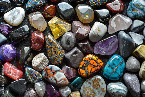 A pile of shiny rocks of various colors and types. photo