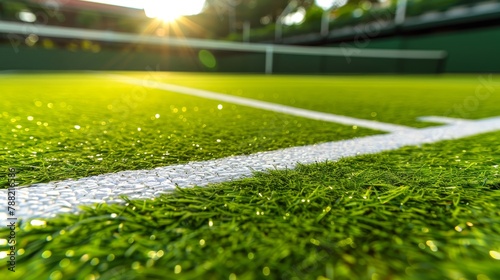 Morning sunlight on freshly cut grass tennis court at dawn during club tournament