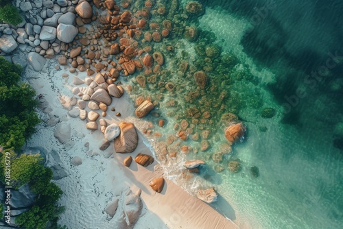 An overhead perspective captures a beach adorned with rocks and lapped by gentle waves, Bird-eye view of a sandy shore strewn with boulders, AI Generated