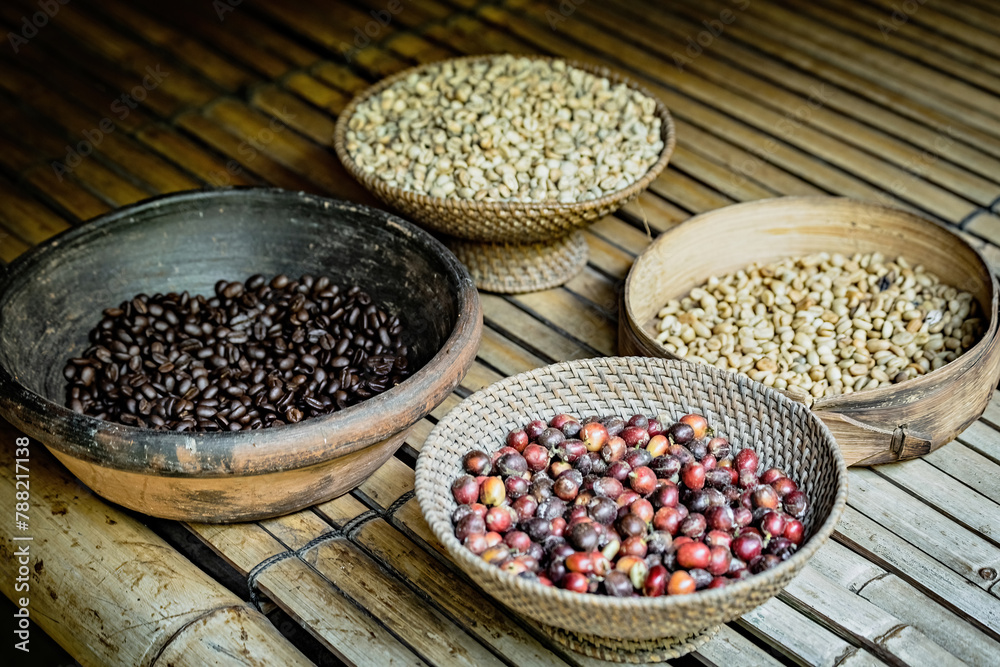 Close up of raw coffee beans, Bali, Indonesia