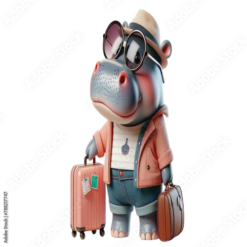 hippo carrying a suitcase trip travel holiday tourism clipart watercolor