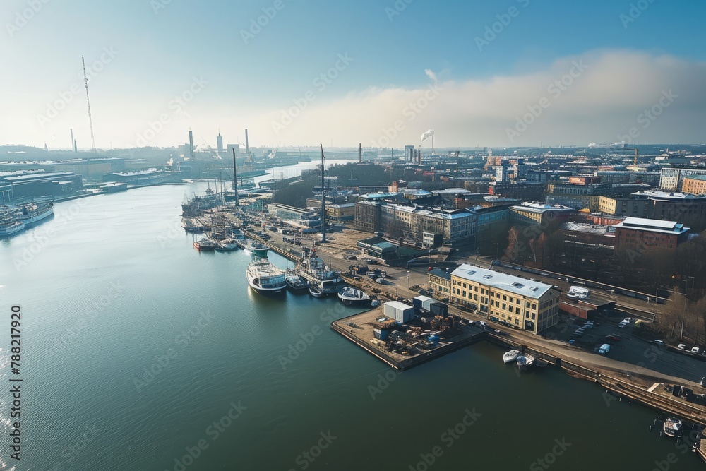 A large body of water filled with boats sailing across the open expanse under a clear sky, Bird's eye view of Helsinki's harbor area, AI Generated
