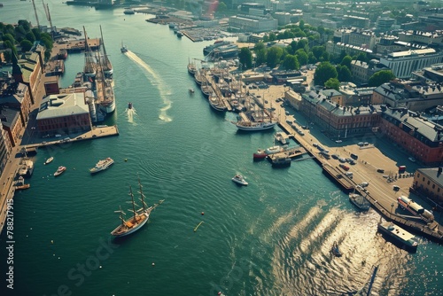 A photo showcasing a large body of water filled with boats sailing across the surface, Bird's eye view of Helsinki's harbor area, AI Generated