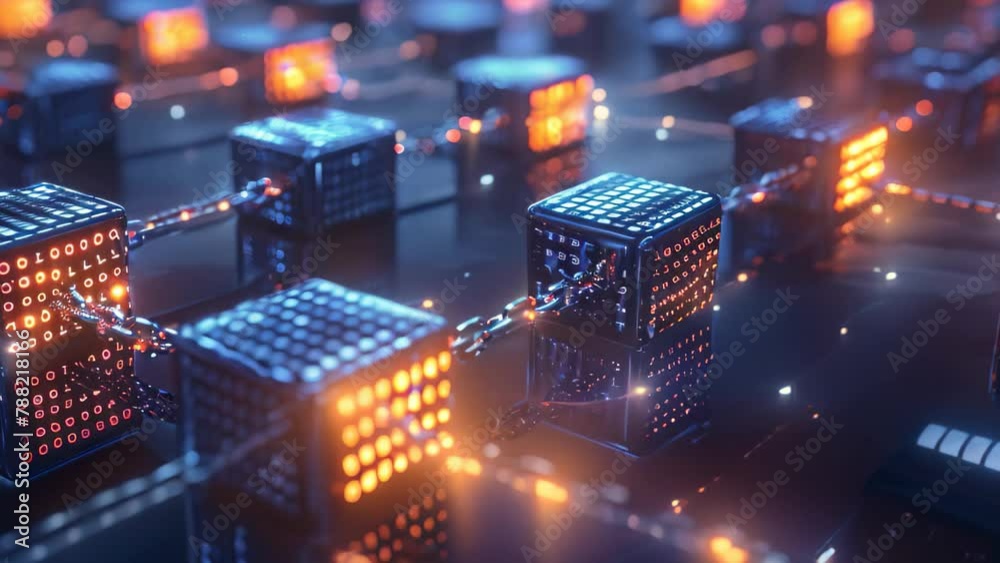 A group of cubes emits a radiant glow, lighting up the entire room, Glowing interlinked blocks flowing in a digital sea depicting blockchain
