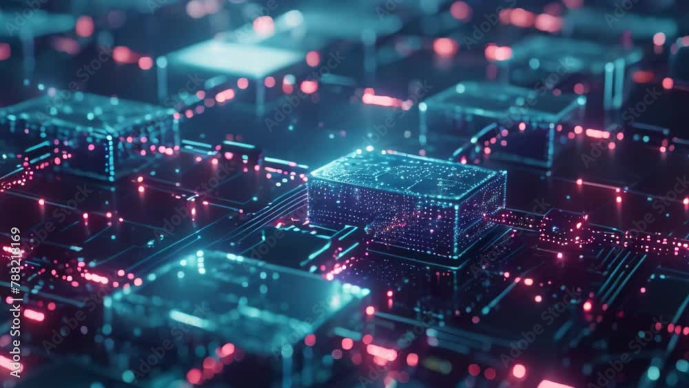 Abstract Video of a Computer Circuit Board With Colorful Components and Traces, Glowing interlinked blocks flowing in a digital sea depicting blockchain Abstract Video of a Computer Circuit Board With Colorful Components and Traces, Glowing interlinked blocks flowing in a digital sea depicting blockchain
