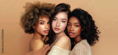 Group of beautiful multiethnic young women together, diverse models posing on studio background © rohappy