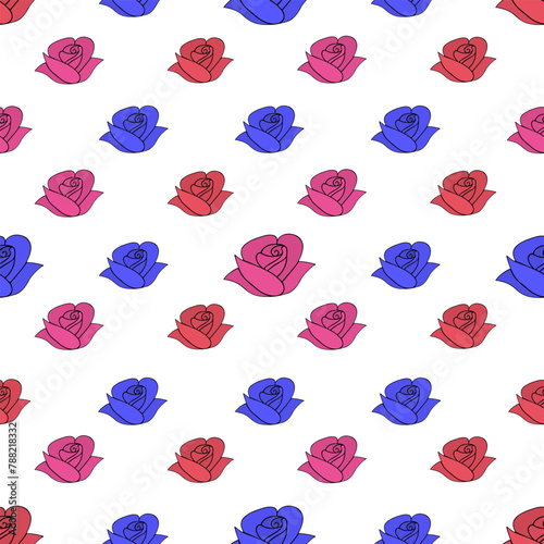 Rose buds. Red, blue and pink blossoming flowers. Seamless pattern. Isolated colorless background.