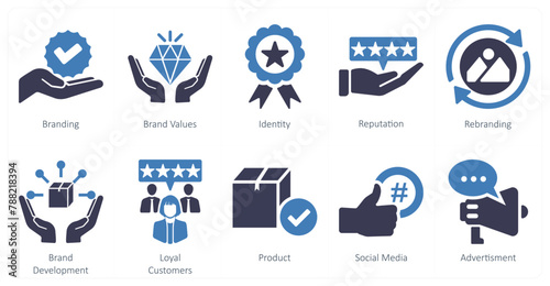 A set of 10 branding icons as branding, brand values, identity