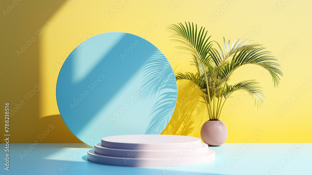modern trendy color cylinder podiums with circular neon, Pastel empty room background. Abstract vector rendering 3D shape for product display. Minimal wall scene, Studio, room summer - obrazy, fototapety, plakaty 